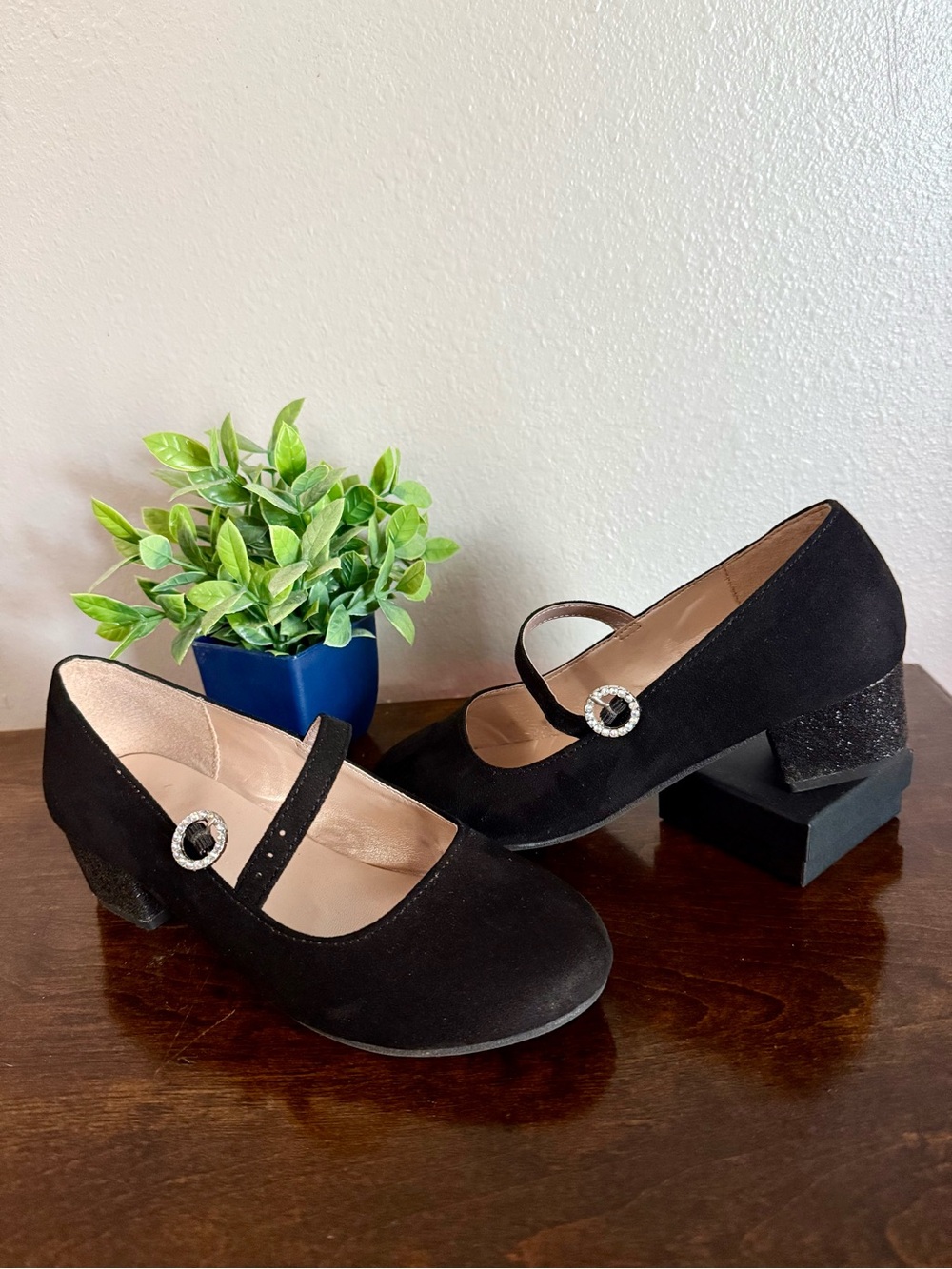 Place Black Mary Jane Block Heel with Rhinestone Buckle